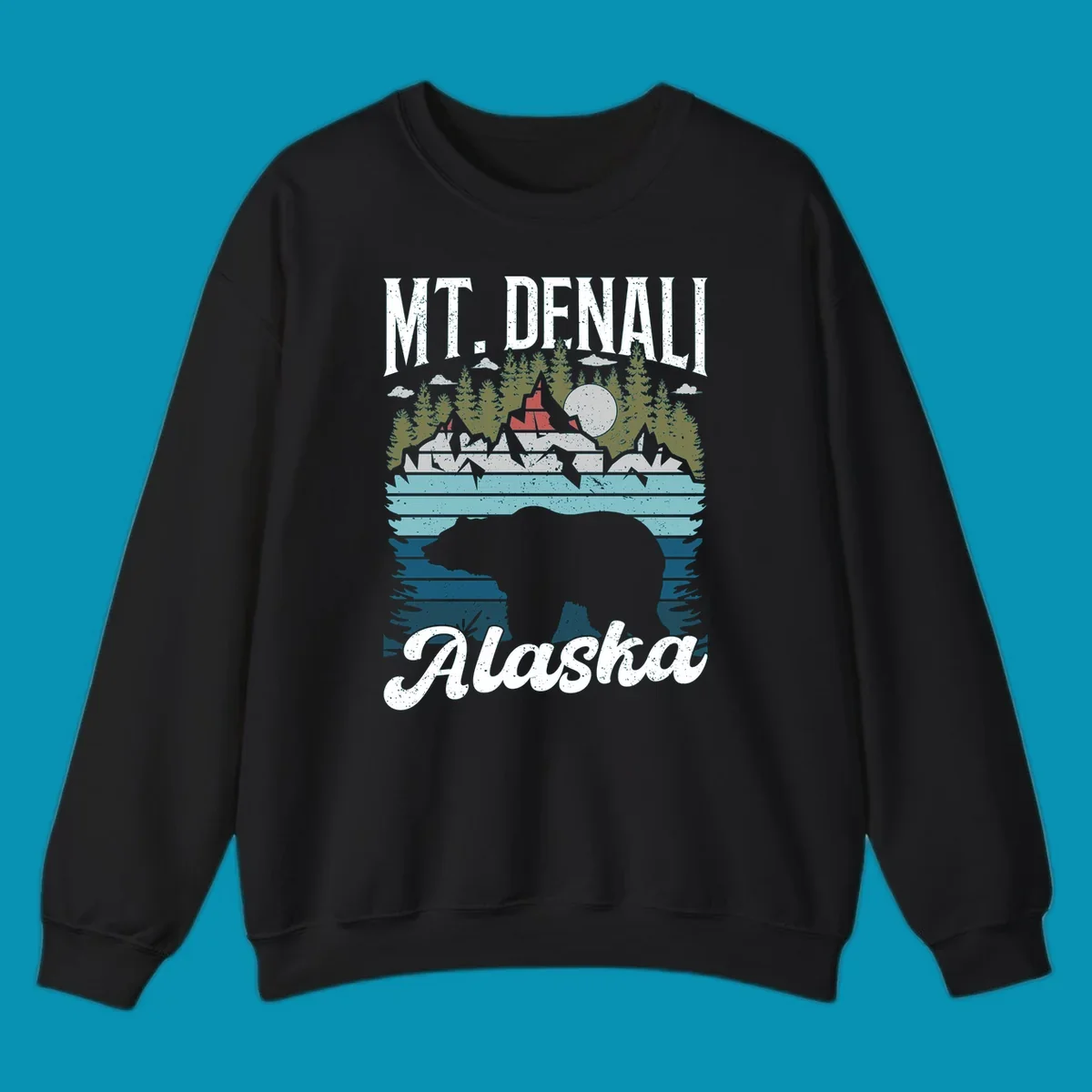 Bear cave winter wonderland illustration with bear head silhouette, snow cabin, evergreen forest, frozen lake, and moon for Alaska cruise shirt design.