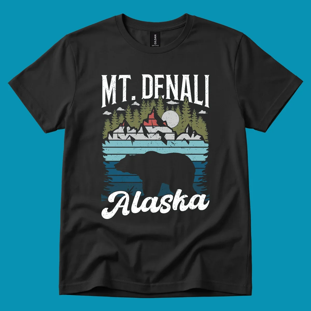 Bear cave winter wonderland illustration with bear head silhouette, snow cabin, evergreen forest, frozen lake, and moon for Alaska cruise shirt design.