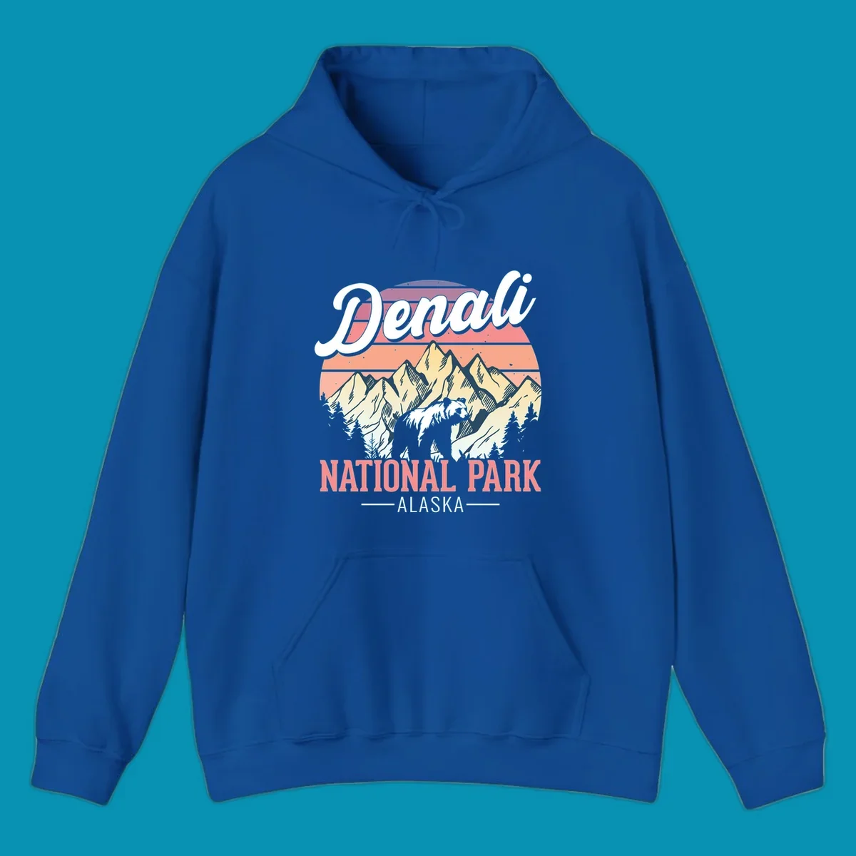 Retro vintage illustration of Denali National Park with snow-capped mountain peaks against a warm coral and peach sunset gradient background with text.