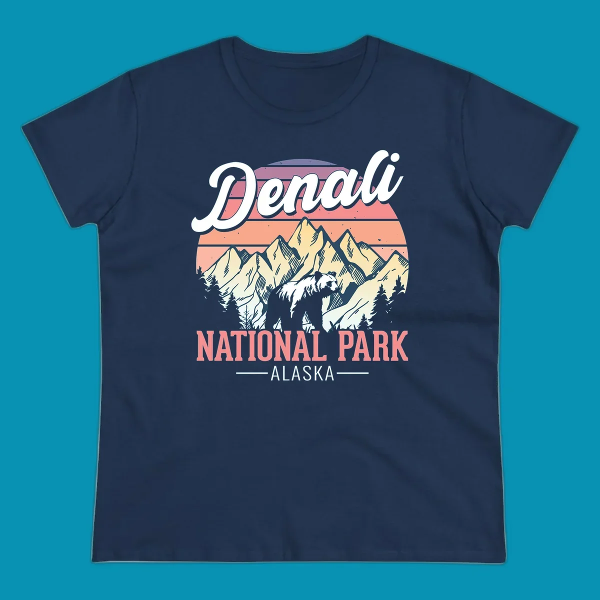Retro vintage illustration of Denali National Park with snow-capped mountain peaks against a warm coral and peach sunset gradient background with text.
