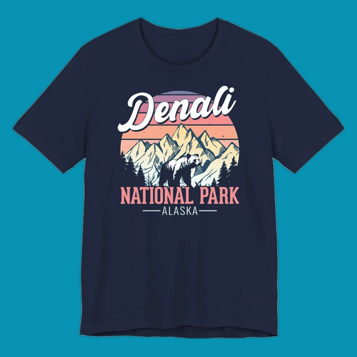 Retro vintage illustration of Denali National Park with snow-capped mountain peaks against a warm coral and peach sunset gradient background with text.