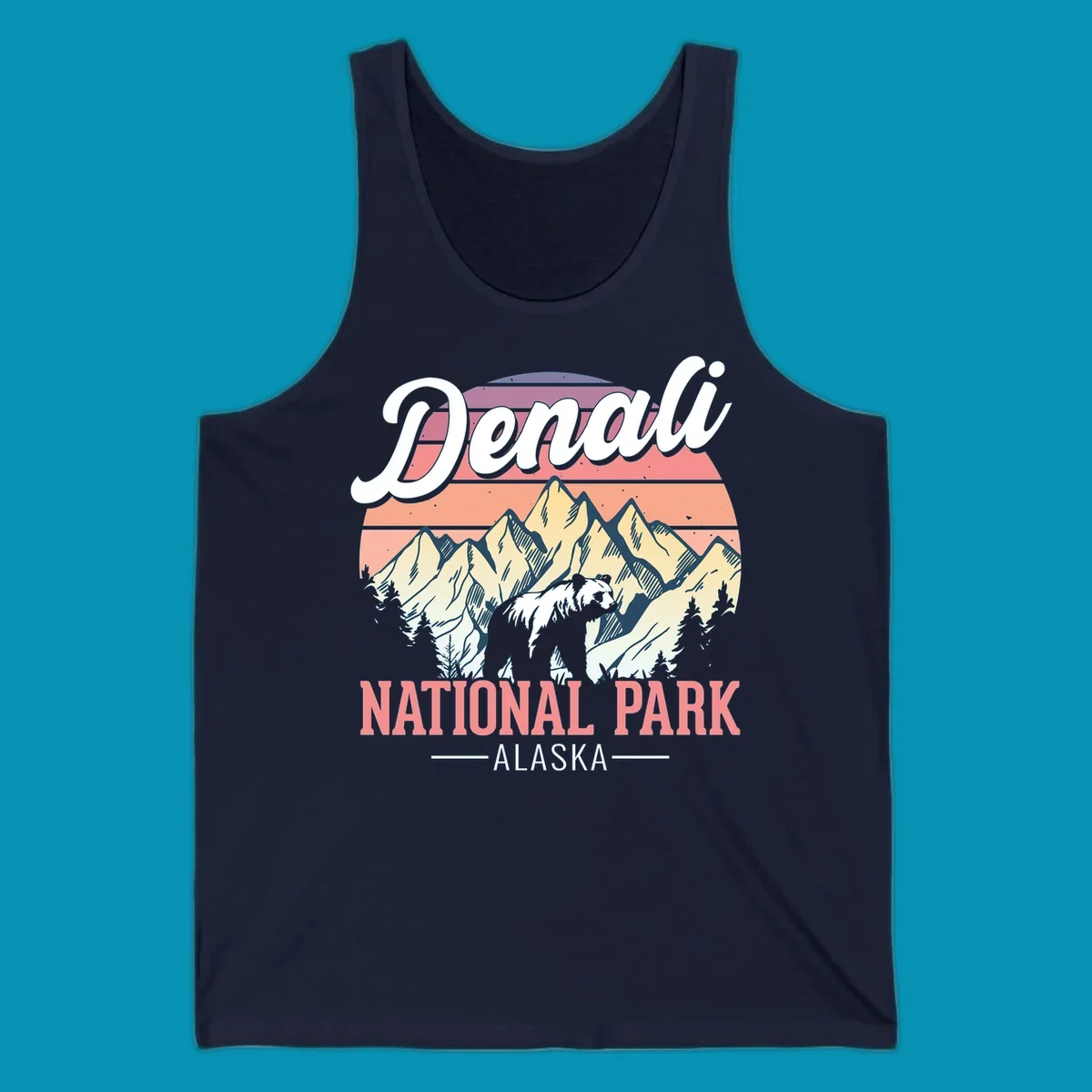 Retro vintage illustration of Denali National Park with snow-capped mountain peaks against a warm coral and peach sunset gradient background with text.