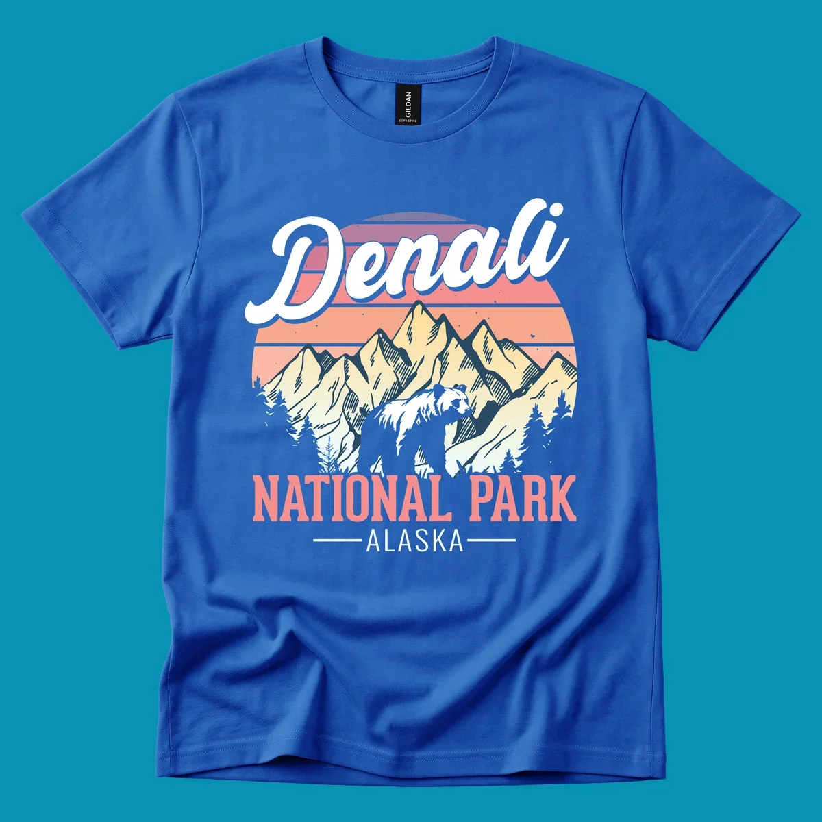 Retro vintage illustration of Denali National Park with snow-capped mountain peaks against a warm coral and peach sunset gradient background with text.