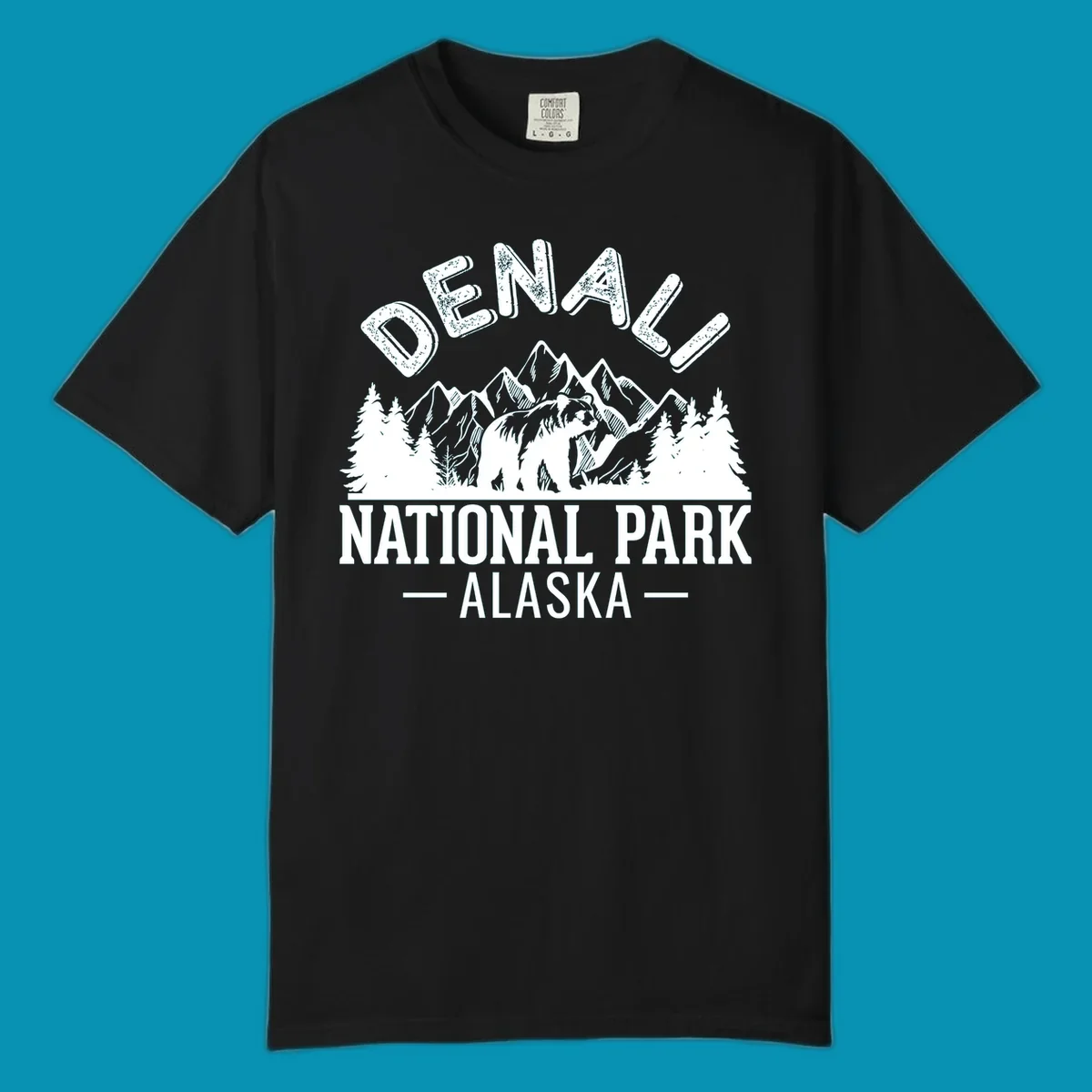 Denali National Park bear design with mountains, evergreen trees, and distressed white text on gray background