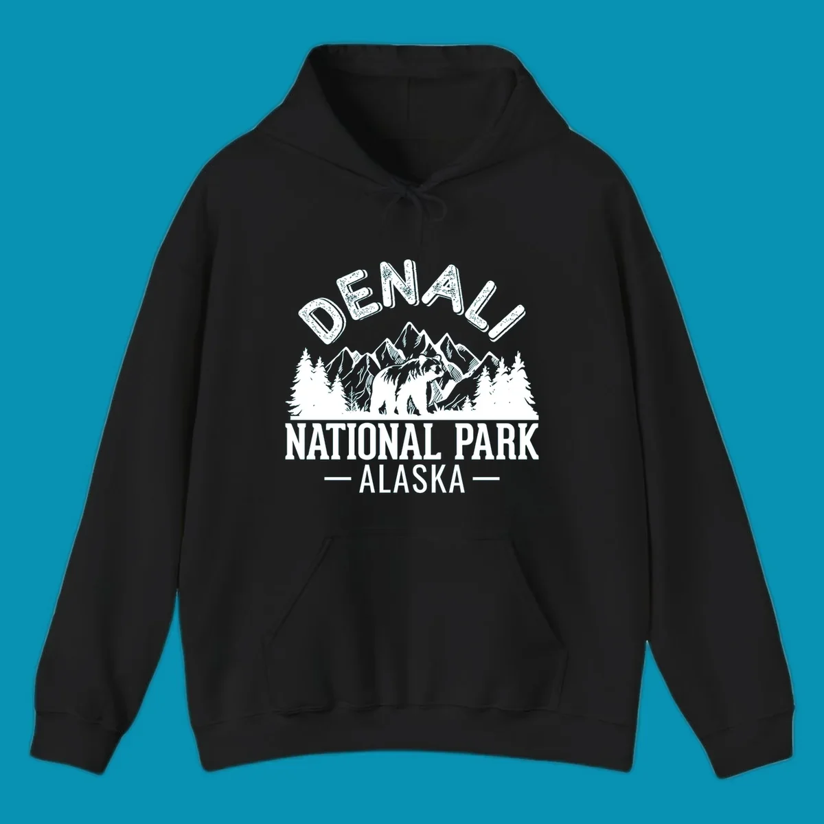 Denali National Park bear design with mountains, evergreen trees, and distressed white text on gray background