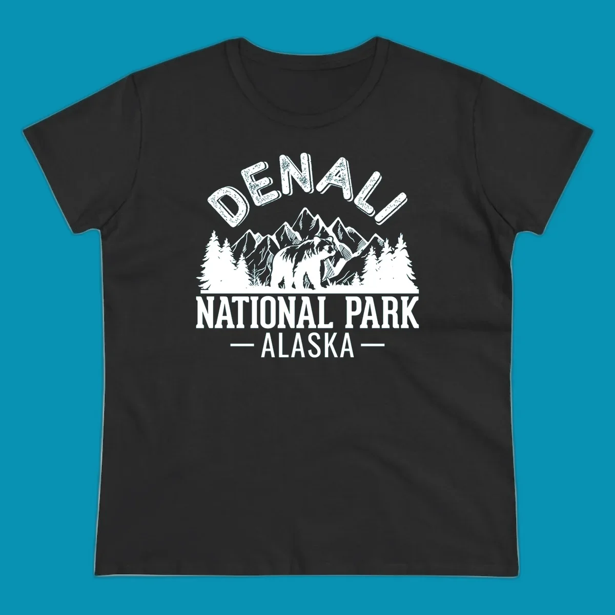 Denali National Park bear design with mountains, evergreen trees, and distressed white text on gray background