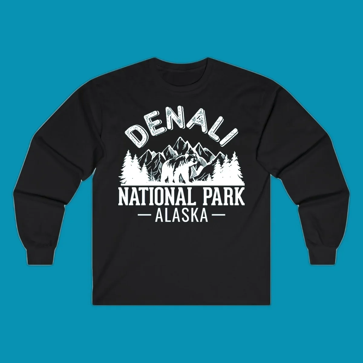 Denali National Park bear design with mountains, evergreen trees, and distressed white text on gray background