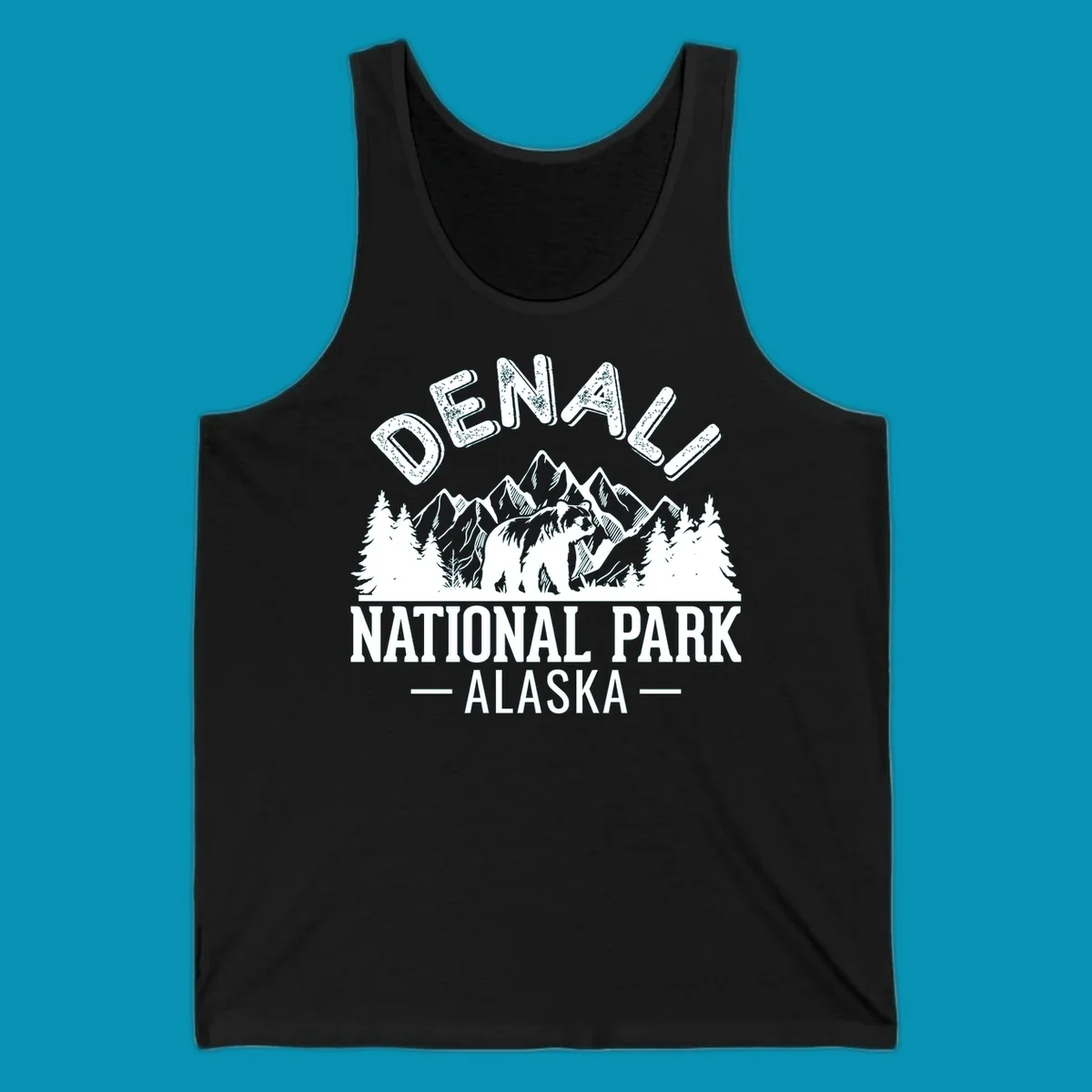 Denali National Park bear design with mountains, evergreen trees, and distressed white text on gray background