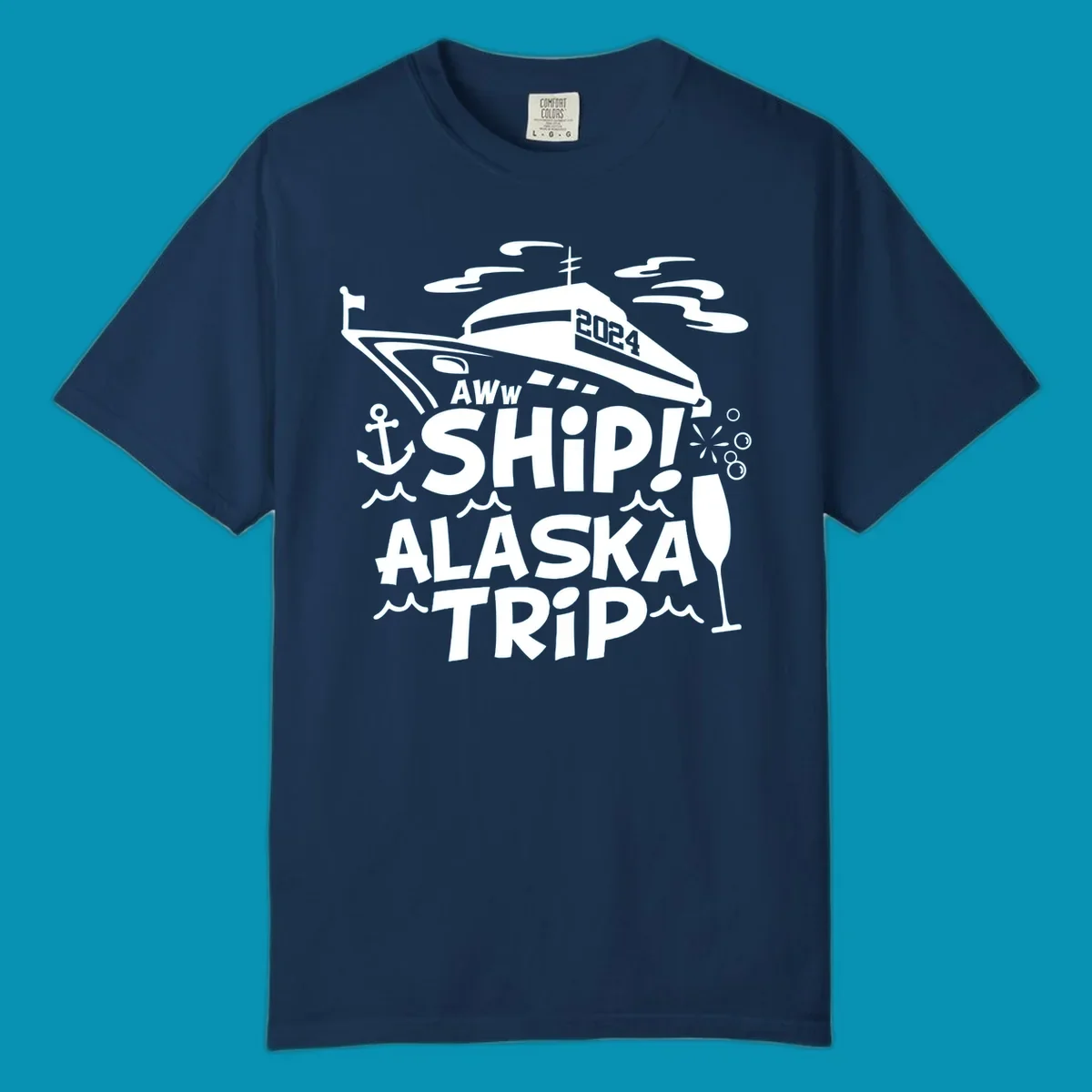Aww ship Alaska cruise design with yacht, anchor, waves, and playful nautical elements in white on gray background