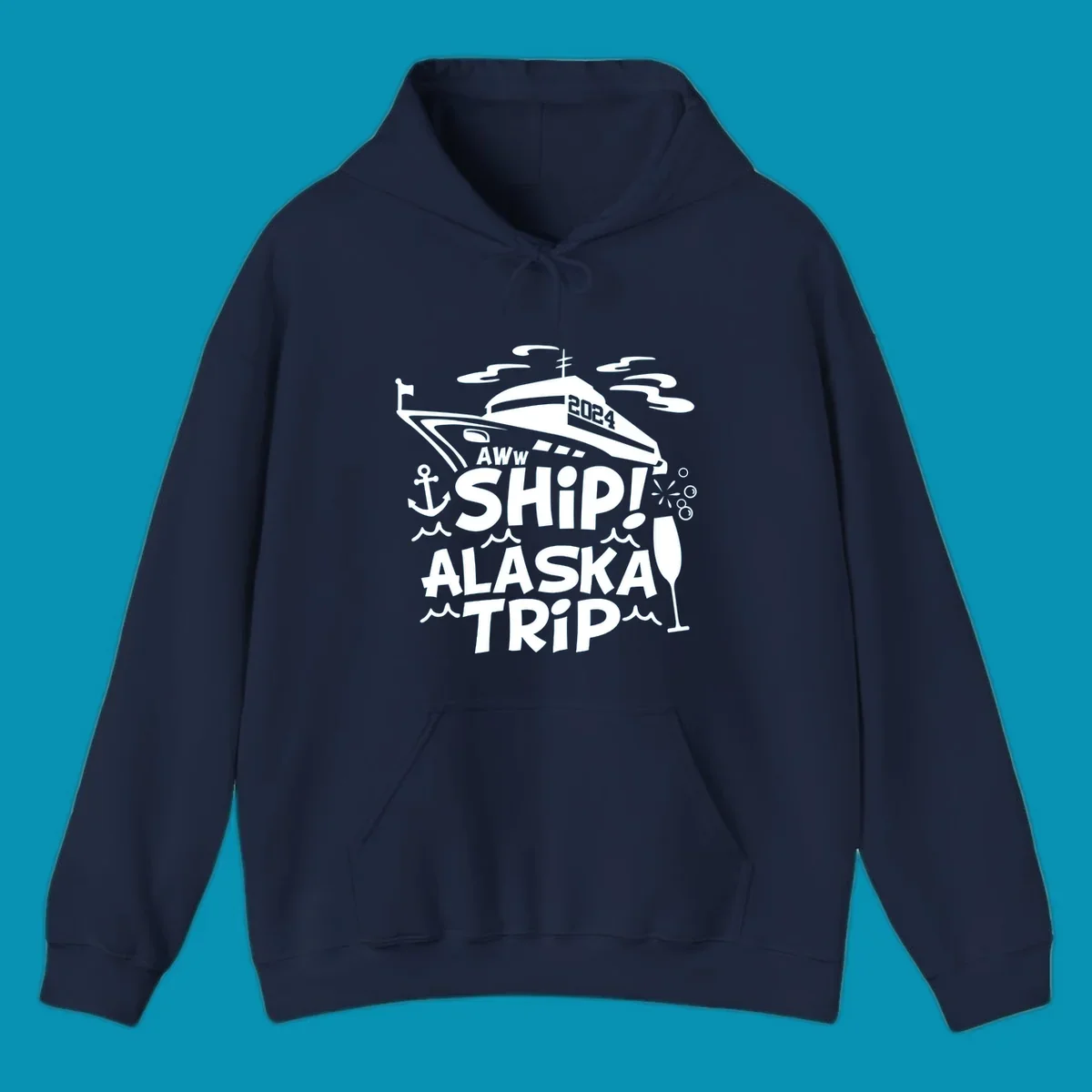 Aww ship Alaska cruise design with yacht, anchor, waves, and playful nautical elements in white on gray background