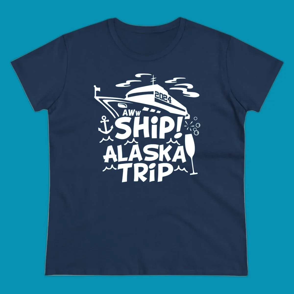 Aww ship Alaska cruise design with yacht, anchor, waves, and playful nautical elements in white on gray background