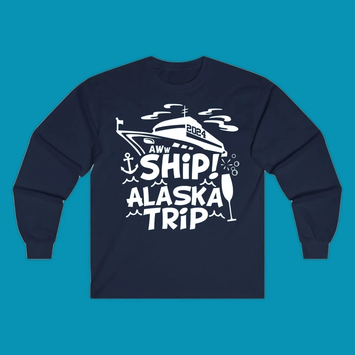 Aww ship Alaska cruise design with yacht, anchor, waves, and playful nautical elements in white on gray background