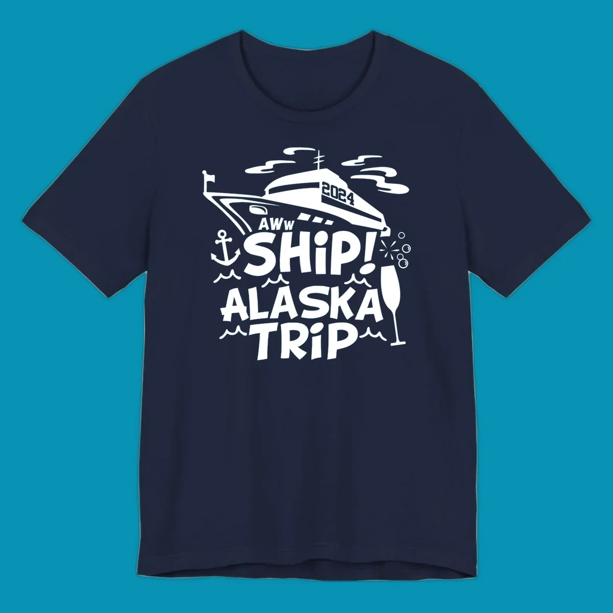 Aww ship Alaska cruise design with yacht, anchor, waves, and playful nautical elements in white on gray background