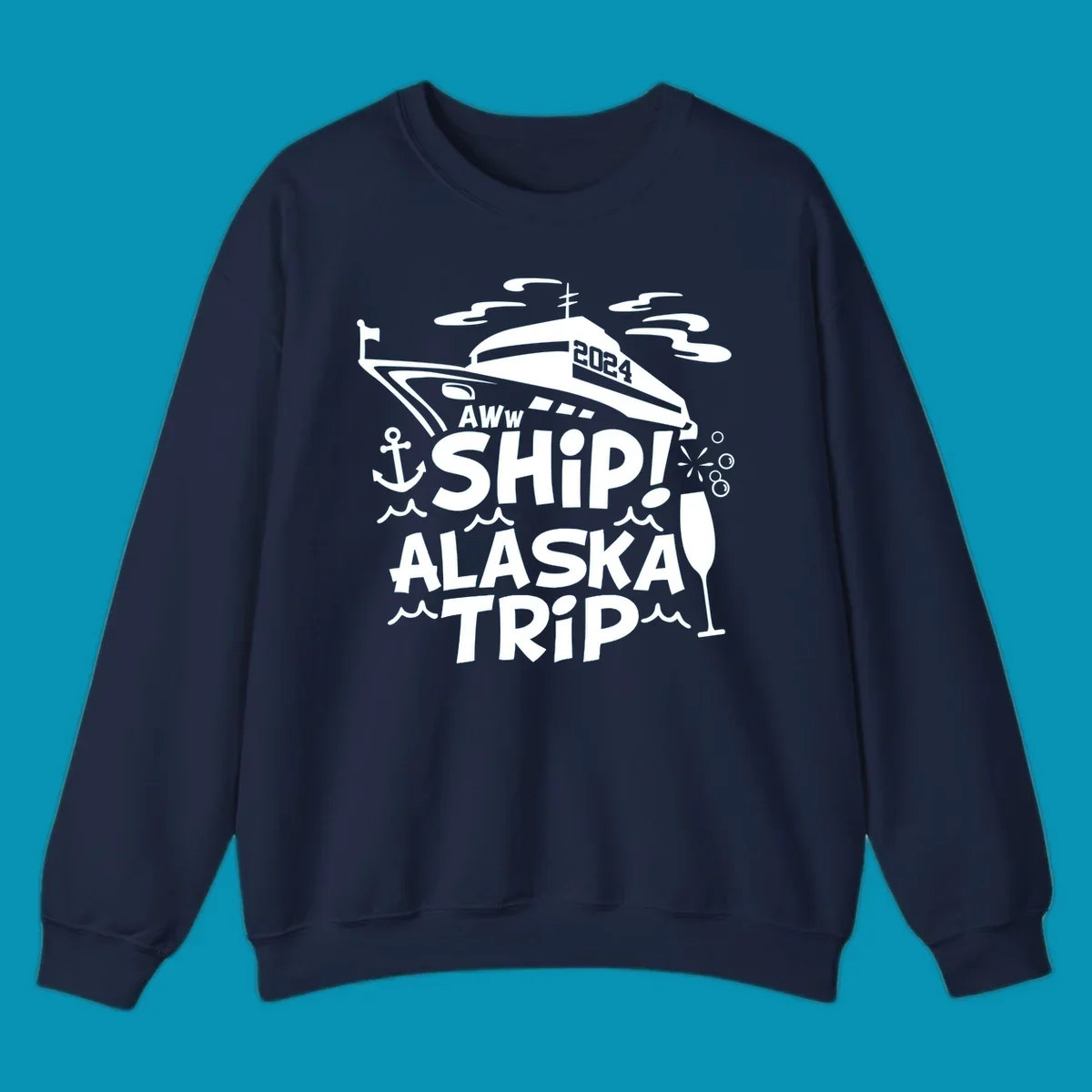 Aww ship Alaska cruise design with yacht, anchor, waves, and playful nautical elements in white on gray background
