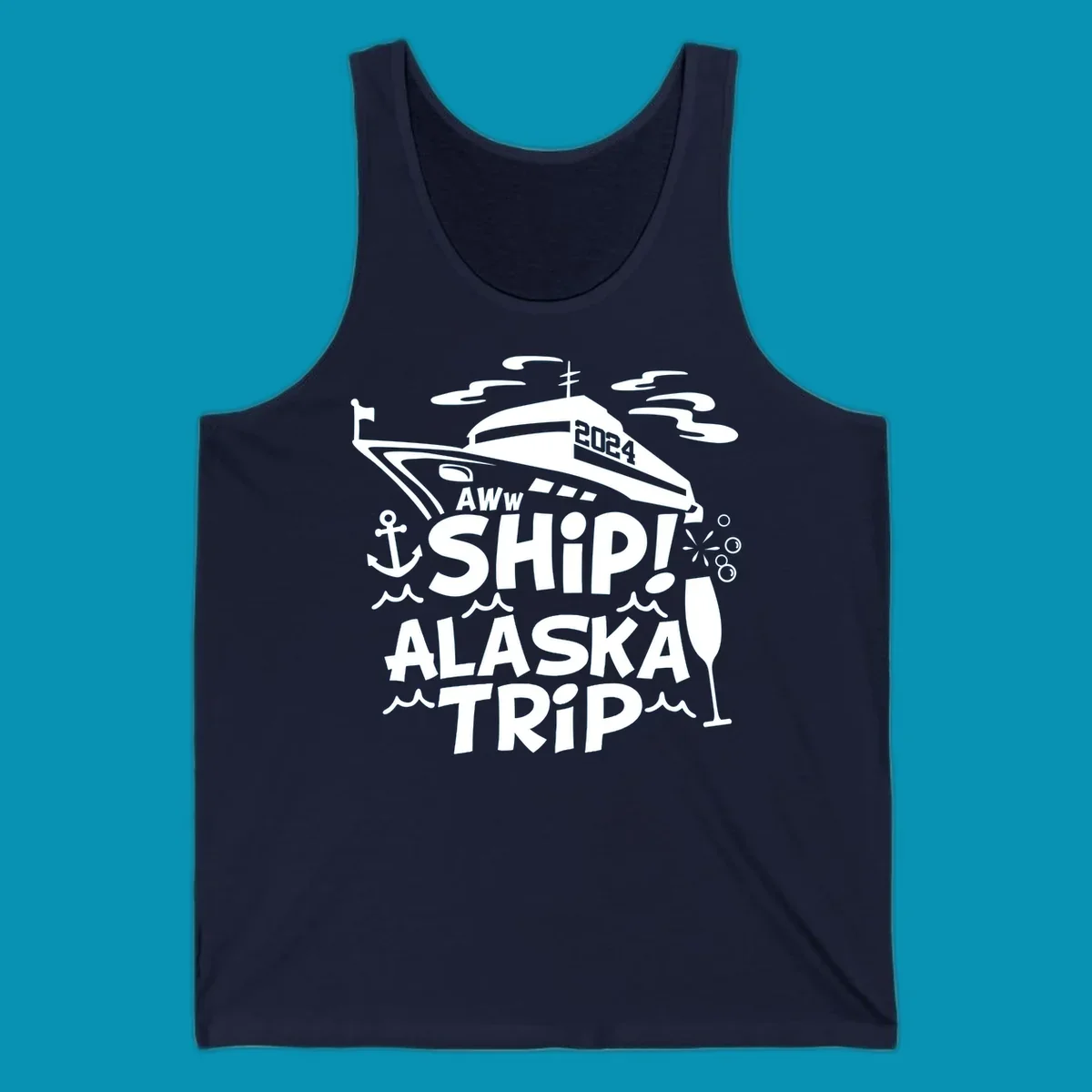 Aww ship Alaska cruise design with yacht, anchor, waves, and playful nautical elements in white on gray background