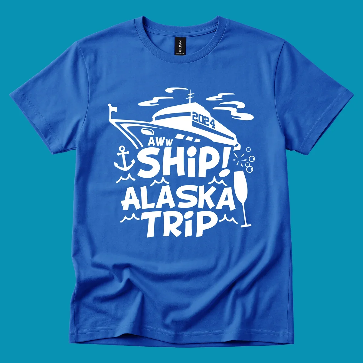 Aww ship Alaska cruise design with yacht, anchor, waves, and playful nautical elements in white on gray background