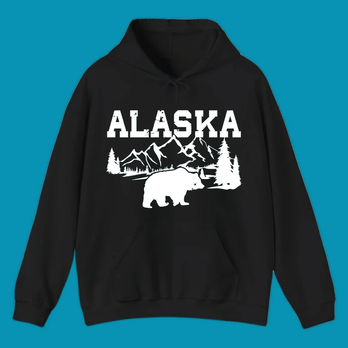 White silhouette illustration of a bear with mountains, evergreen trees, and river landscape under Alaska text on gray background