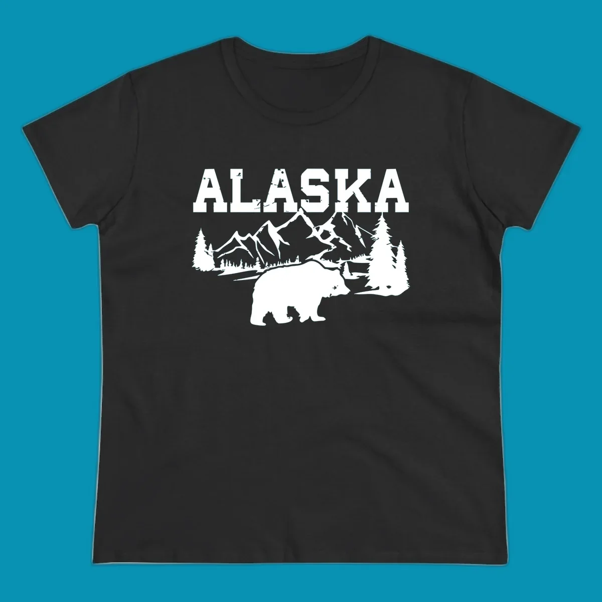 White silhouette illustration of a bear with mountains, evergreen trees, and river landscape under Alaska text on gray background