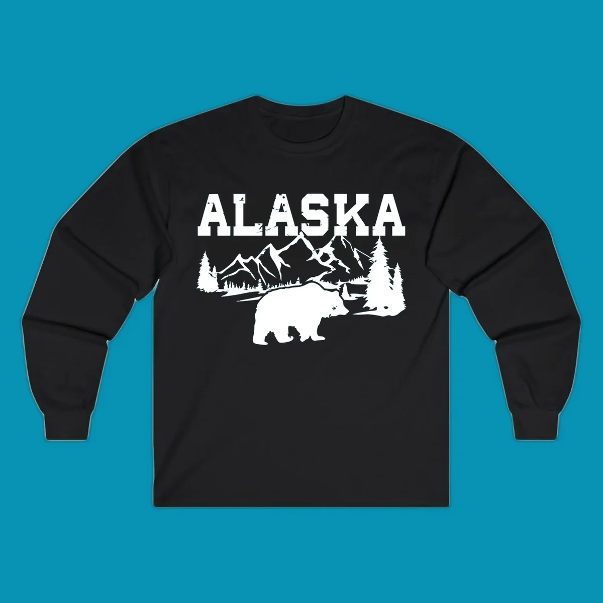White silhouette illustration of a bear with mountains, evergreen trees, and river landscape under Alaska text on gray background