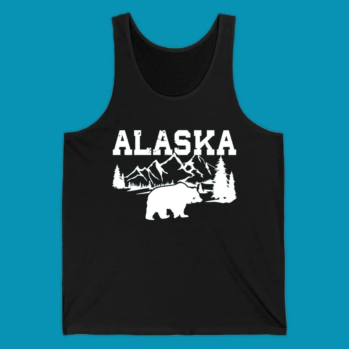 White silhouette illustration of a bear with mountains, evergreen trees, and river landscape under Alaska text on gray background