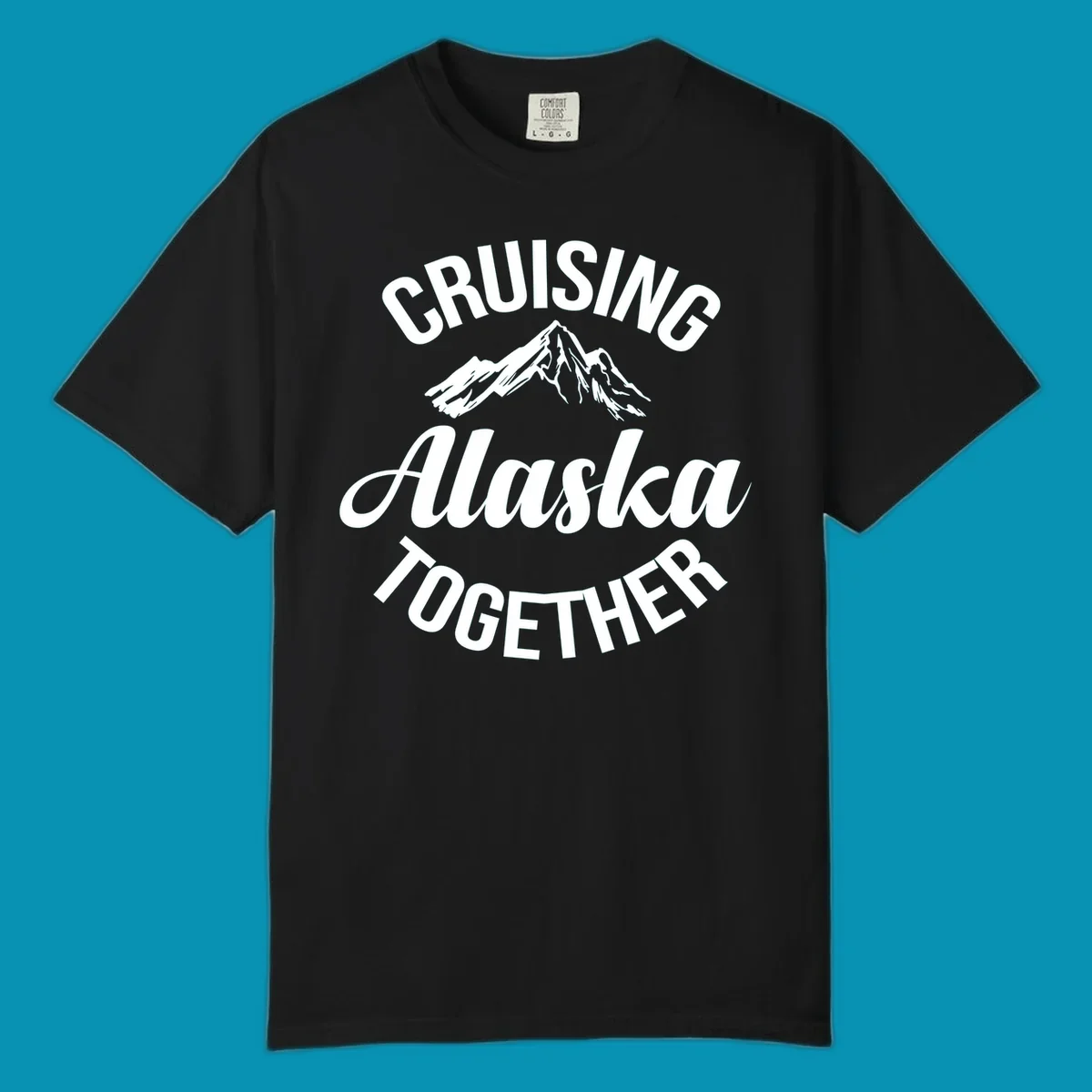 White text reading 'Cruising Alaska Together' with snow-capped mountain illustration on gray background