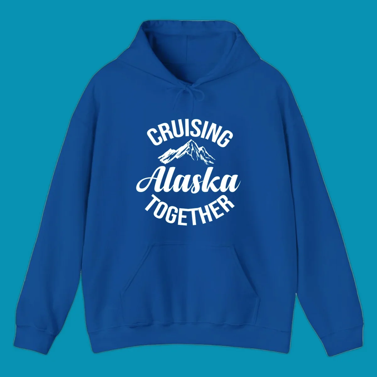 White text reading 'Cruising Alaska Together' with snow-capped mountain illustration on gray background