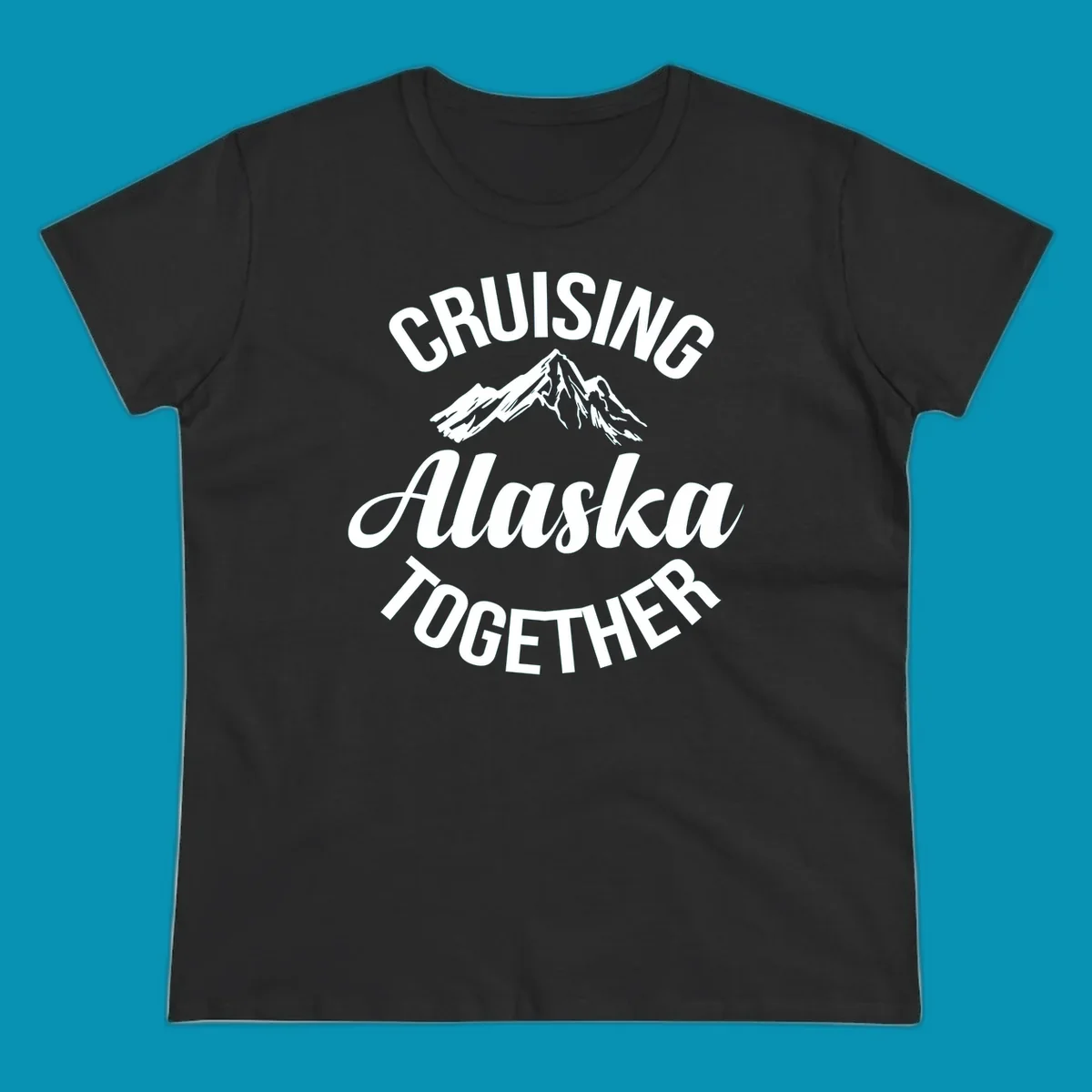 White text reading 'Cruising Alaska Together' with snow-capped mountain illustration on gray background