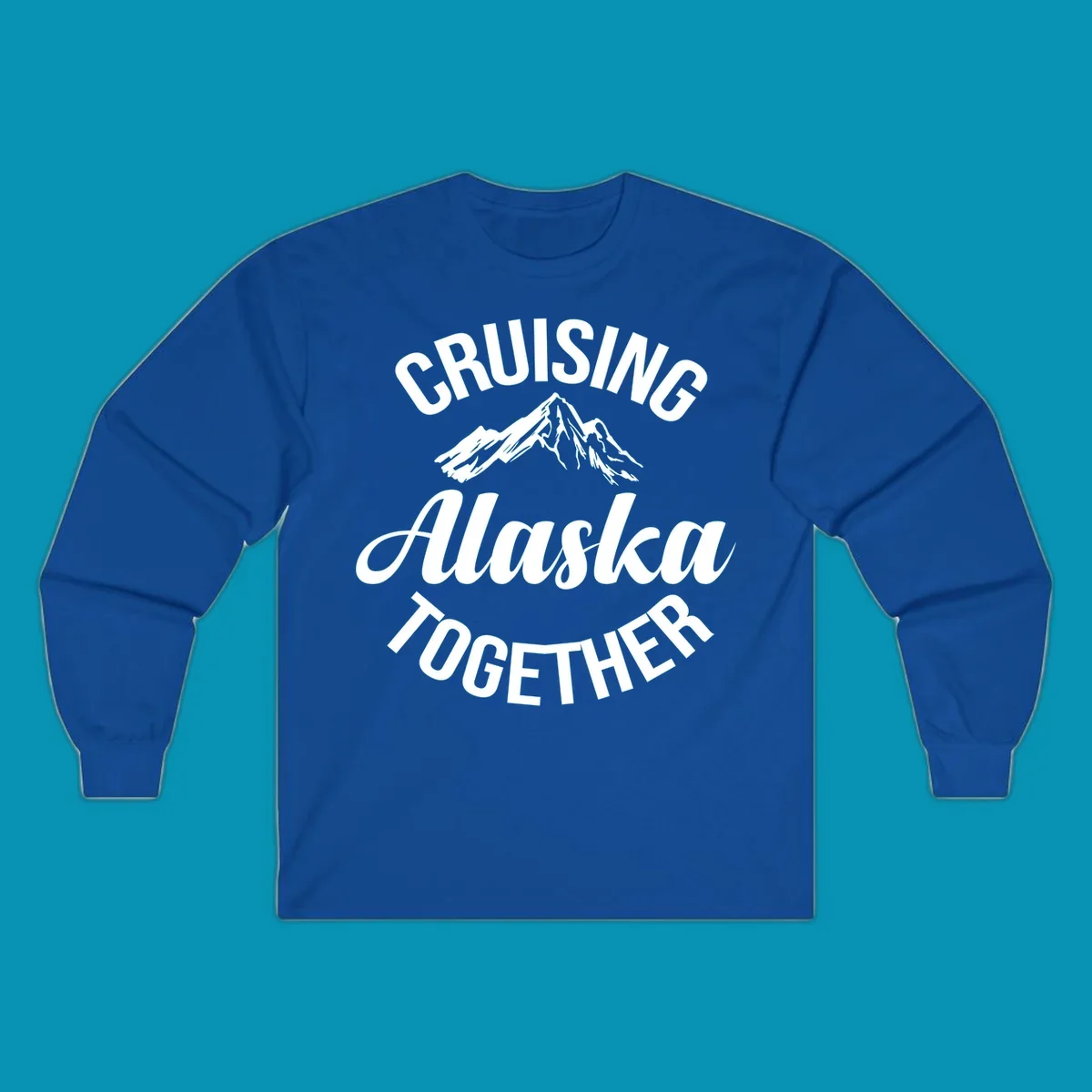White text reading 'Cruising Alaska Together' with snow-capped mountain illustration on gray background