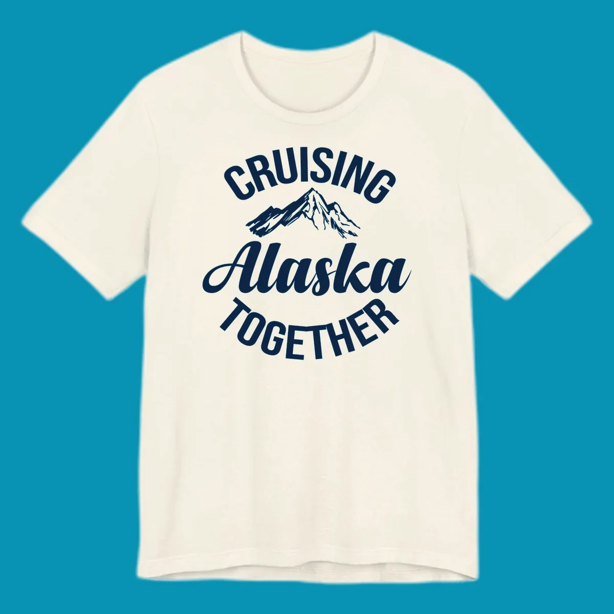 White text reading 'Cruising Alaska Together' with snow-capped mountain illustration on gray background