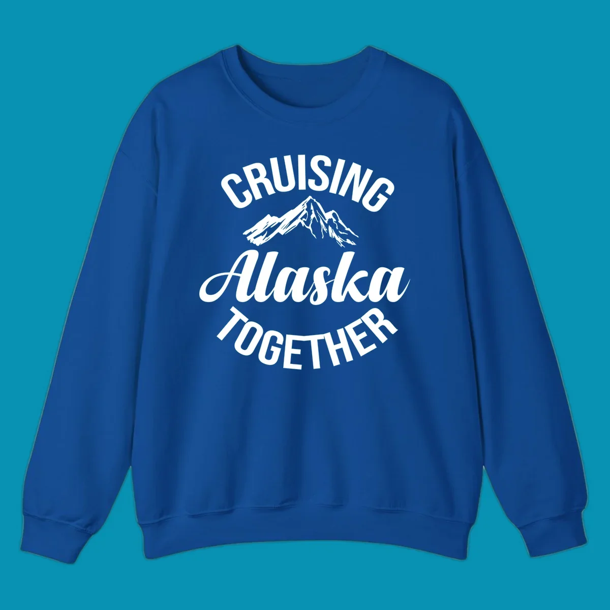 White text reading 'Cruising Alaska Together' with snow-capped mountain illustration on gray background