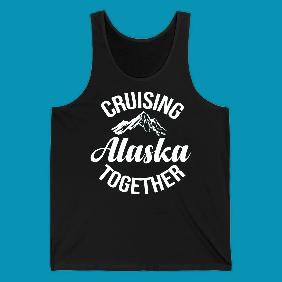 White text reading 'Cruising Alaska Together' with snow-capped mountain illustration on gray background