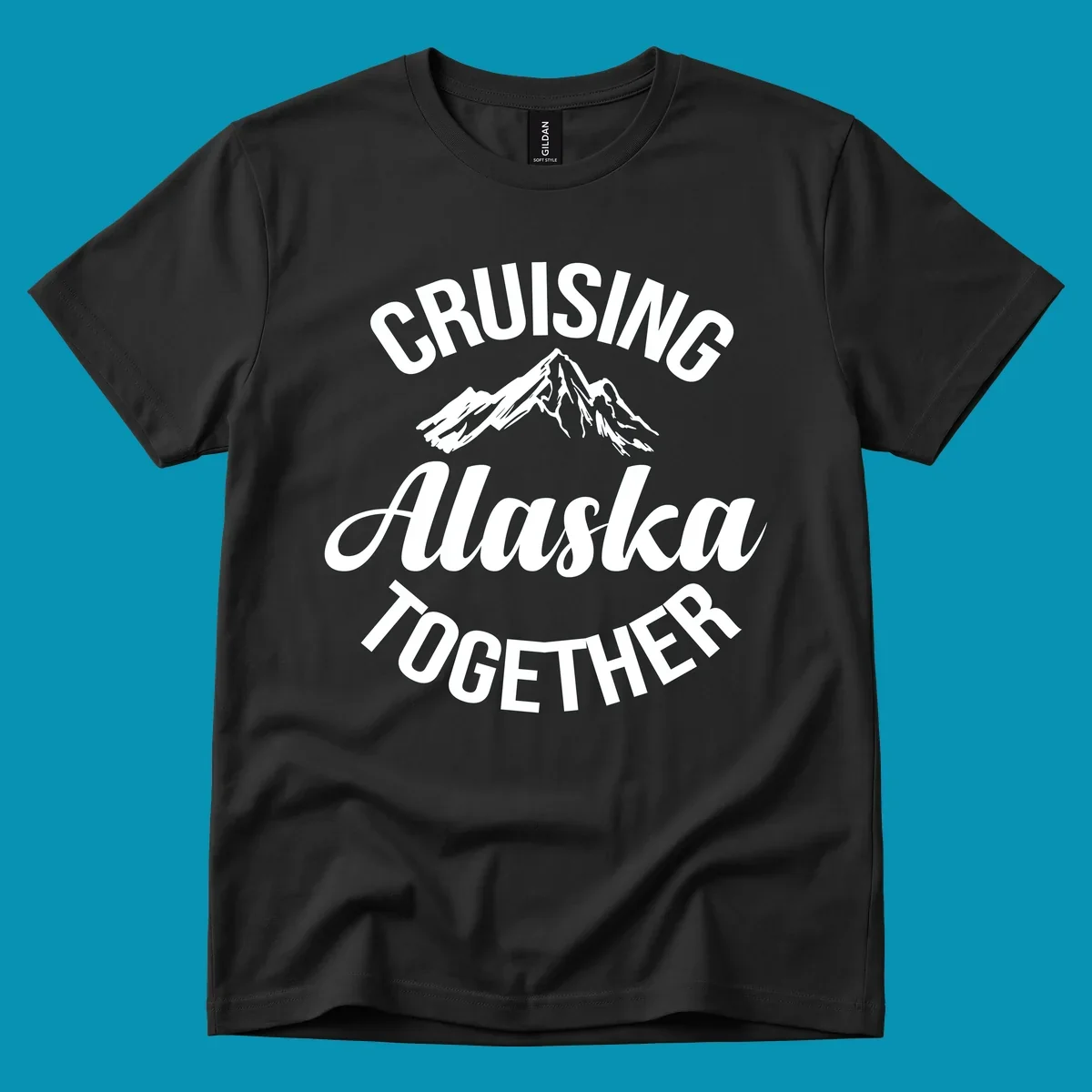 White text reading 'Cruising Alaska Together' with snow-capped mountain illustration on gray background