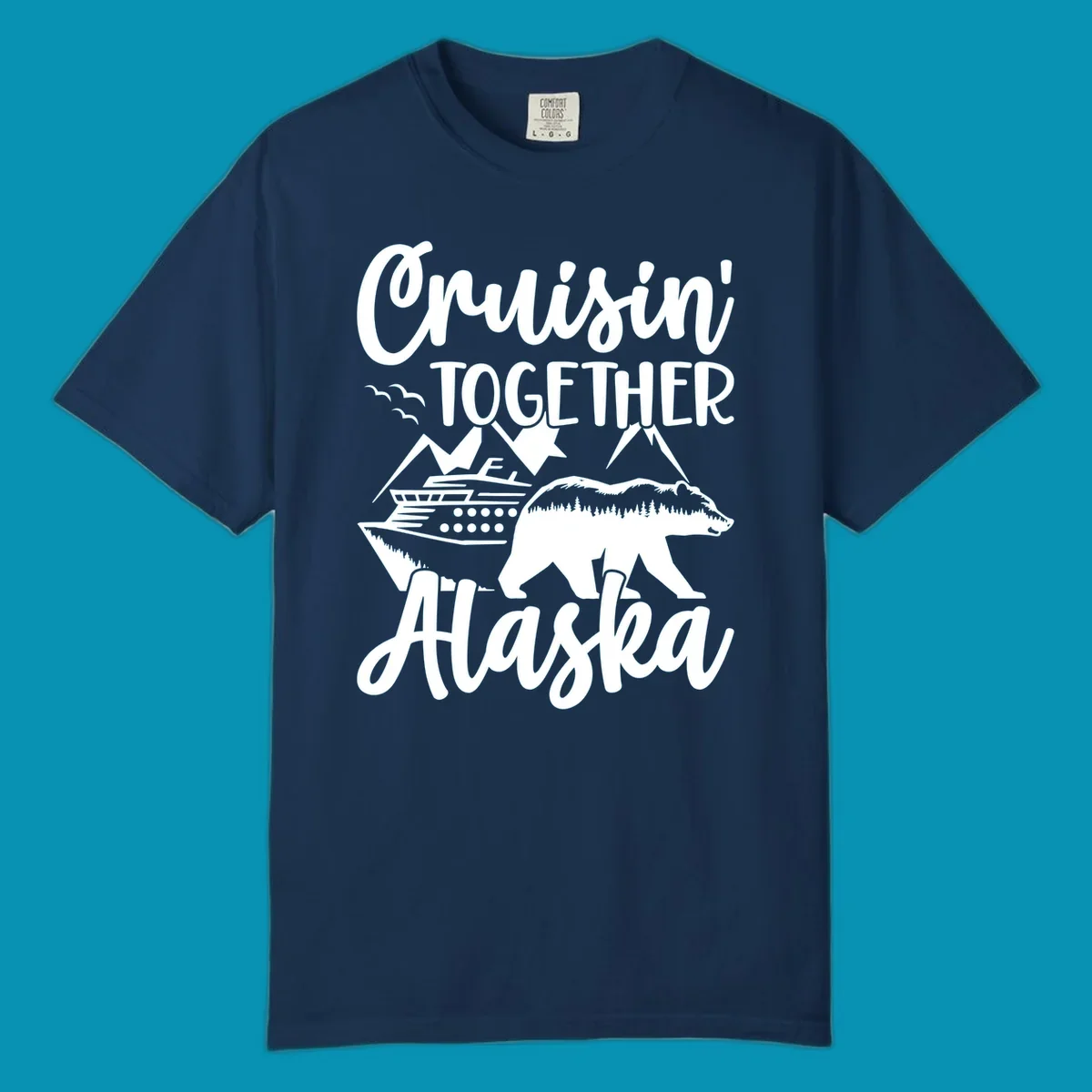 White illustration on gray background featuring 'Cruisin' Together Alaska' text with cruise ship, mountains, forest-filled bear, and pine trees