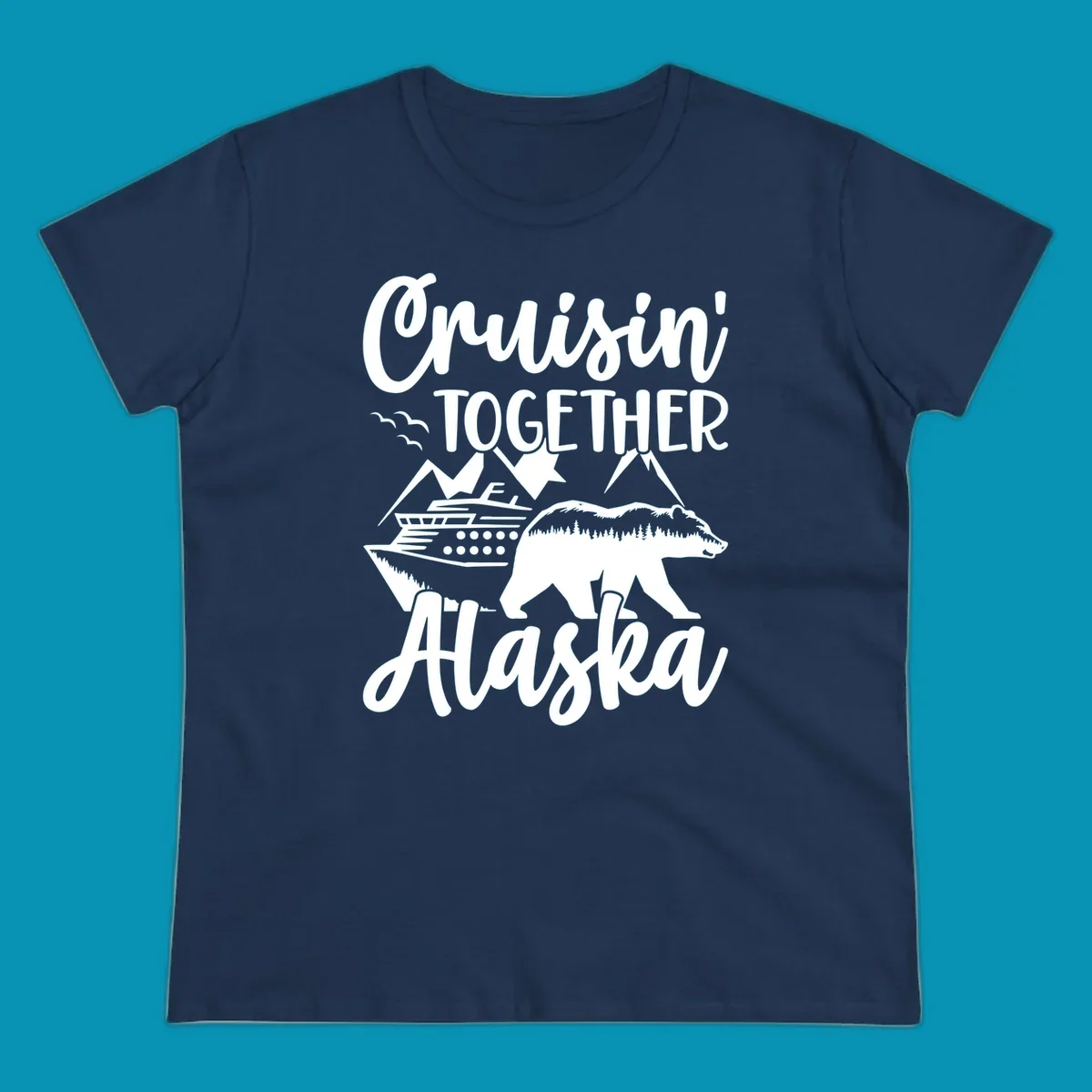 White illustration on gray background featuring 'Cruisin' Together Alaska' text with cruise ship, mountains, forest-filled bear, and pine trees
