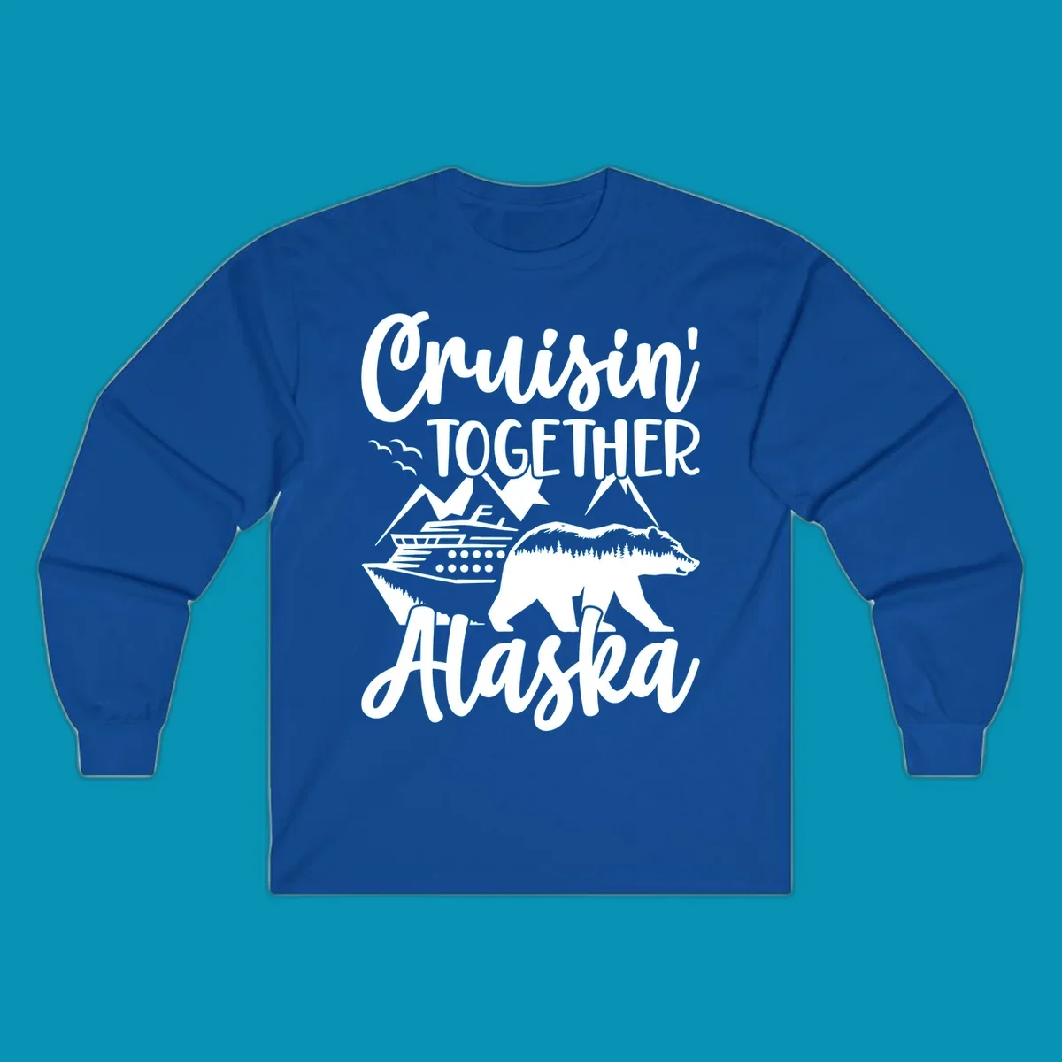 White illustration on gray background featuring 'Cruisin' Together Alaska' text with cruise ship, mountains, forest-filled bear, and pine trees