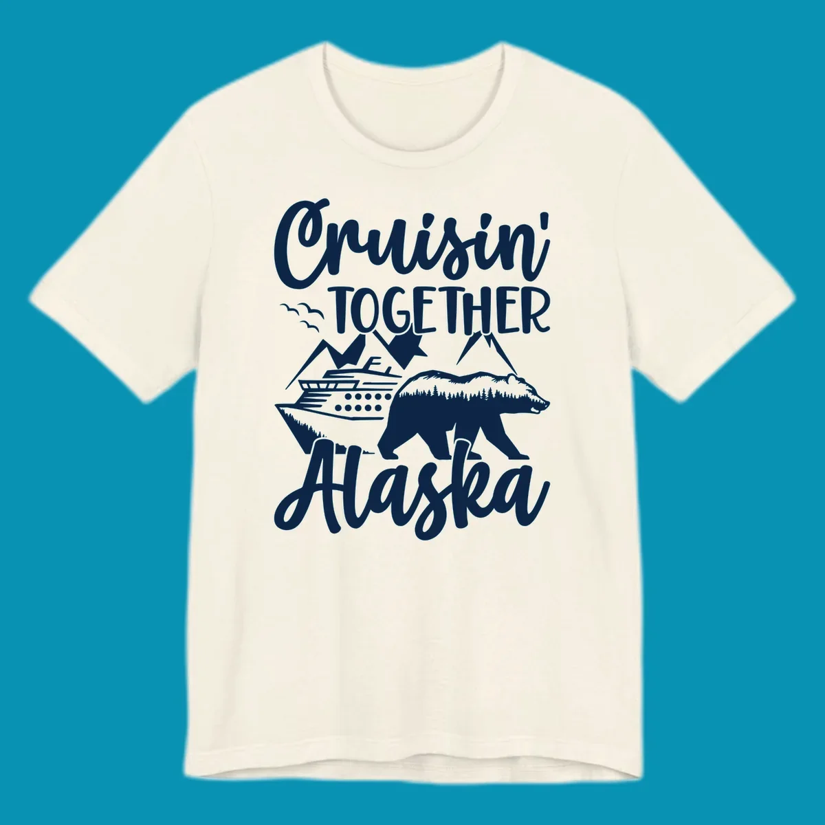 White illustration on gray background featuring 'Cruisin' Together Alaska' text with cruise ship, mountains, forest-filled bear, and pine trees