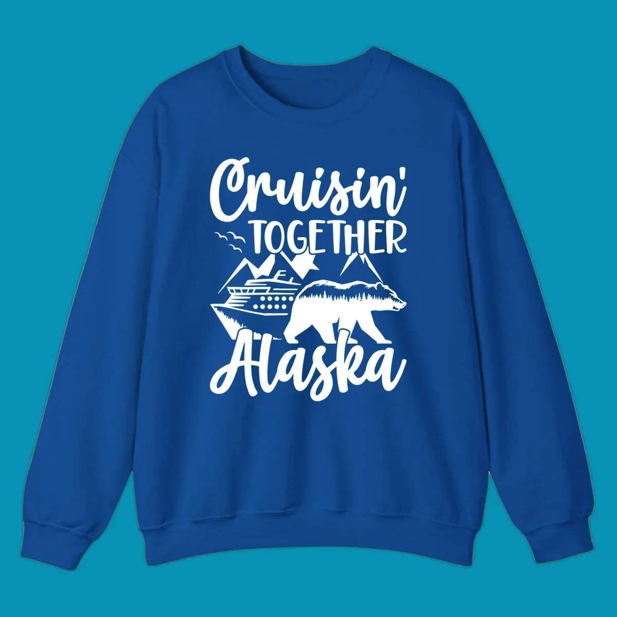 White illustration on gray background featuring 'Cruisin' Together Alaska' text with cruise ship, mountains, forest-filled bear, and pine trees