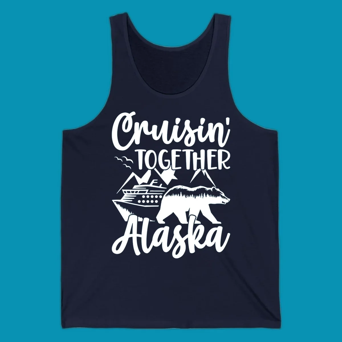 White illustration on gray background featuring 'Cruisin' Together Alaska' text with cruise ship, mountains, forest-filled bear, and pine trees