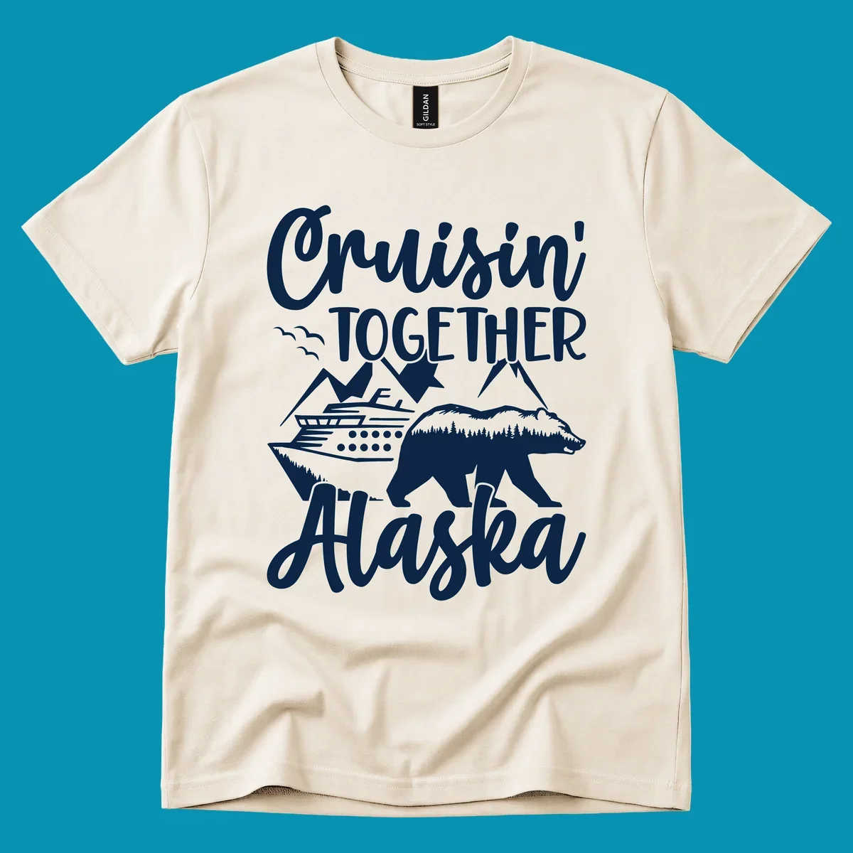 White illustration on gray background featuring 'Cruisin' Together Alaska' text with cruise ship, mountains, forest-filled bear, and pine trees