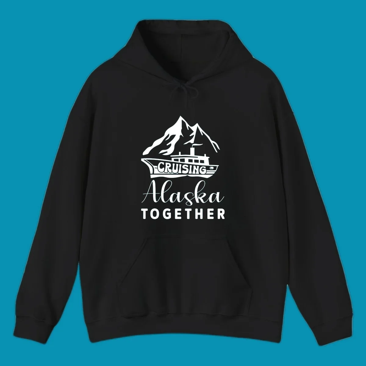 Cruising Alaska Together design featuring a cruise ship with snow-capped mountains and glaciers in white on gray background