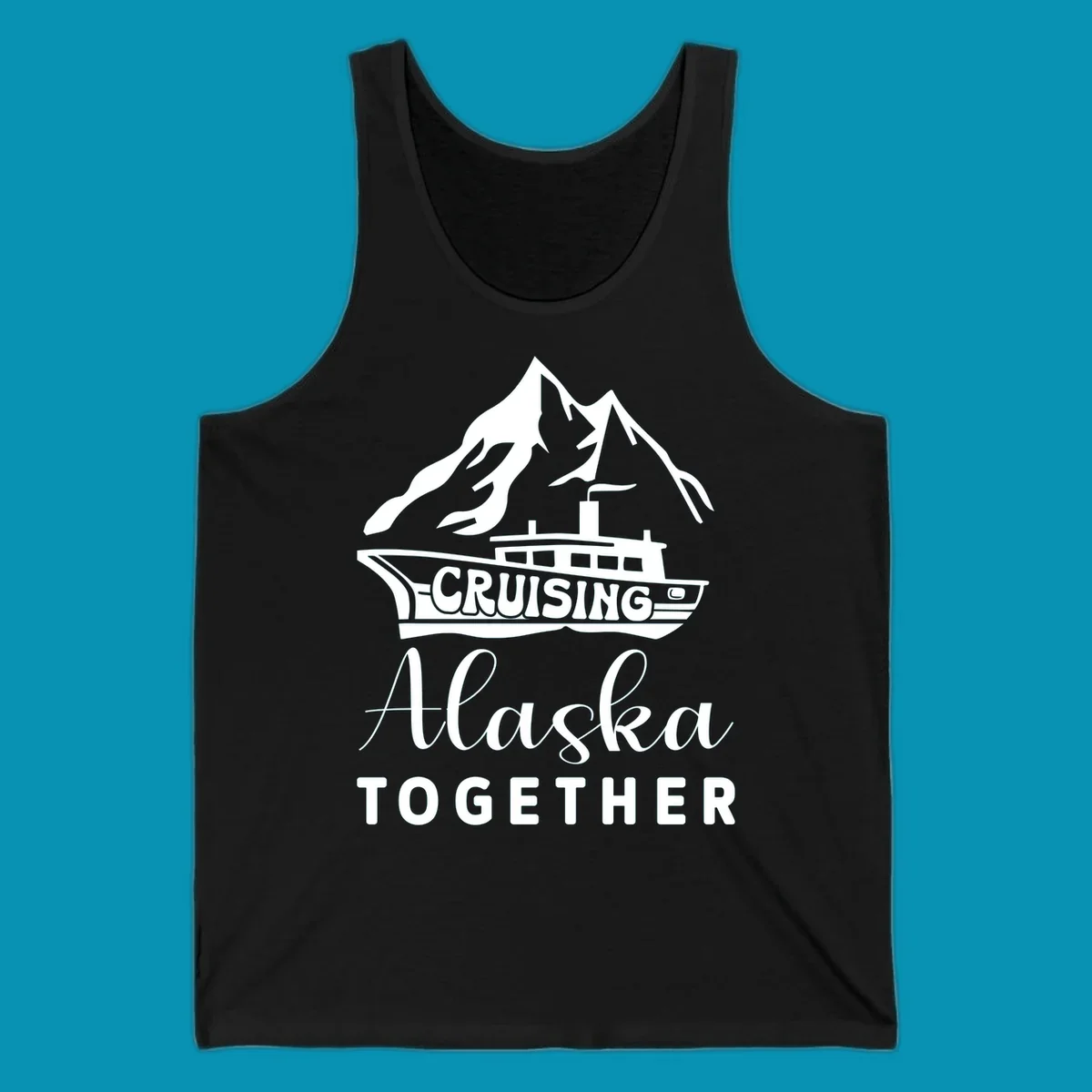 Cruising Alaska Together design featuring a cruise ship with snow-capped mountains and glaciers in white on gray background