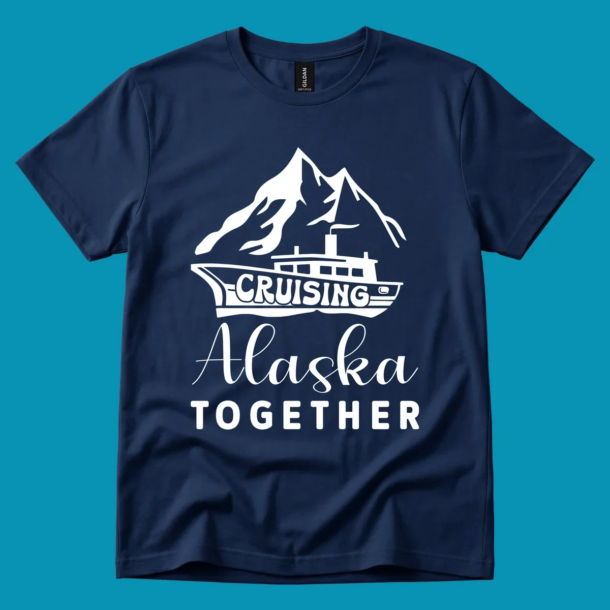 Cruising Alaska Together design featuring a cruise ship with snow-capped mountains and glaciers in white on gray background