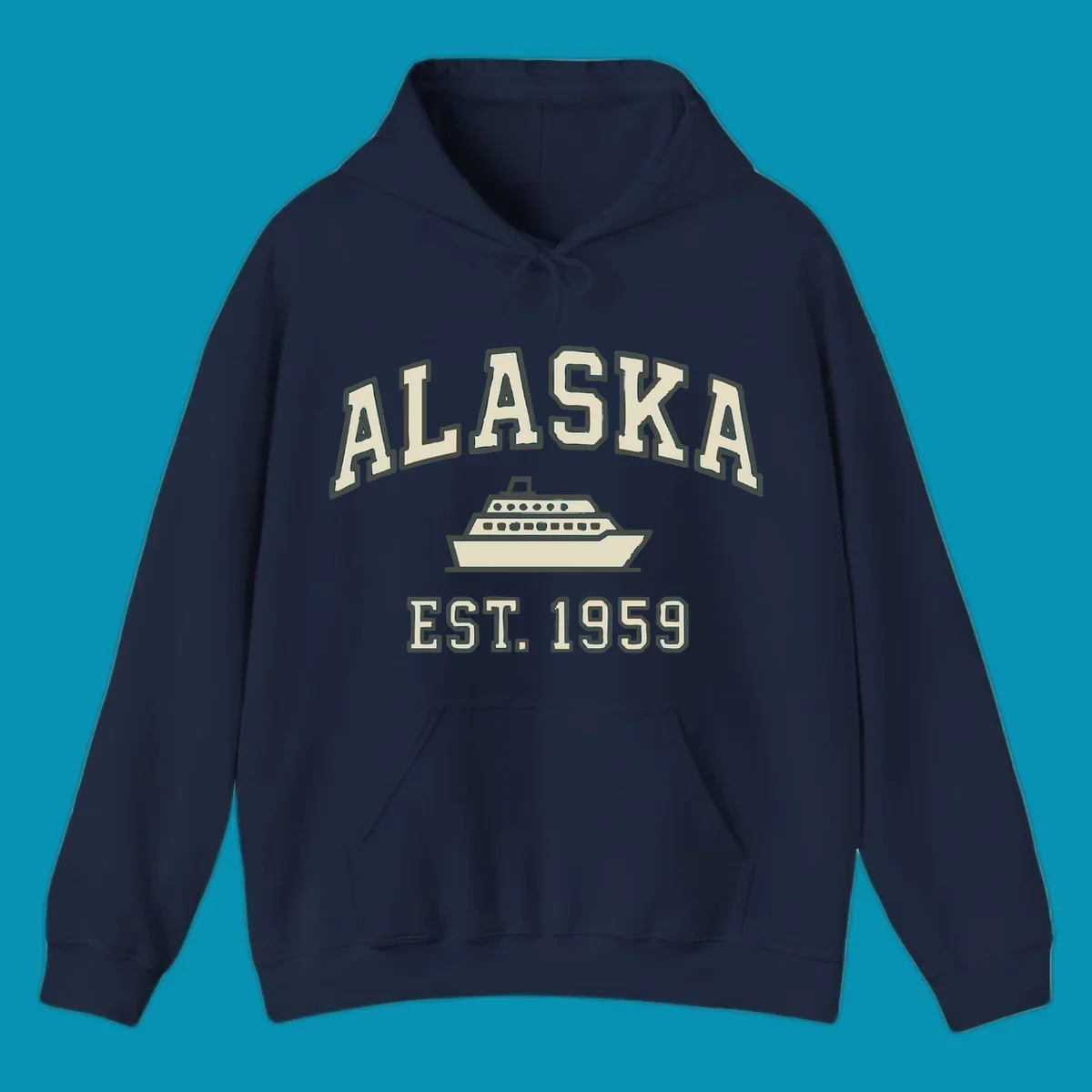 Vintage-style Alaska cruise design with established 1959 date and ship illustration in cream and charcoal