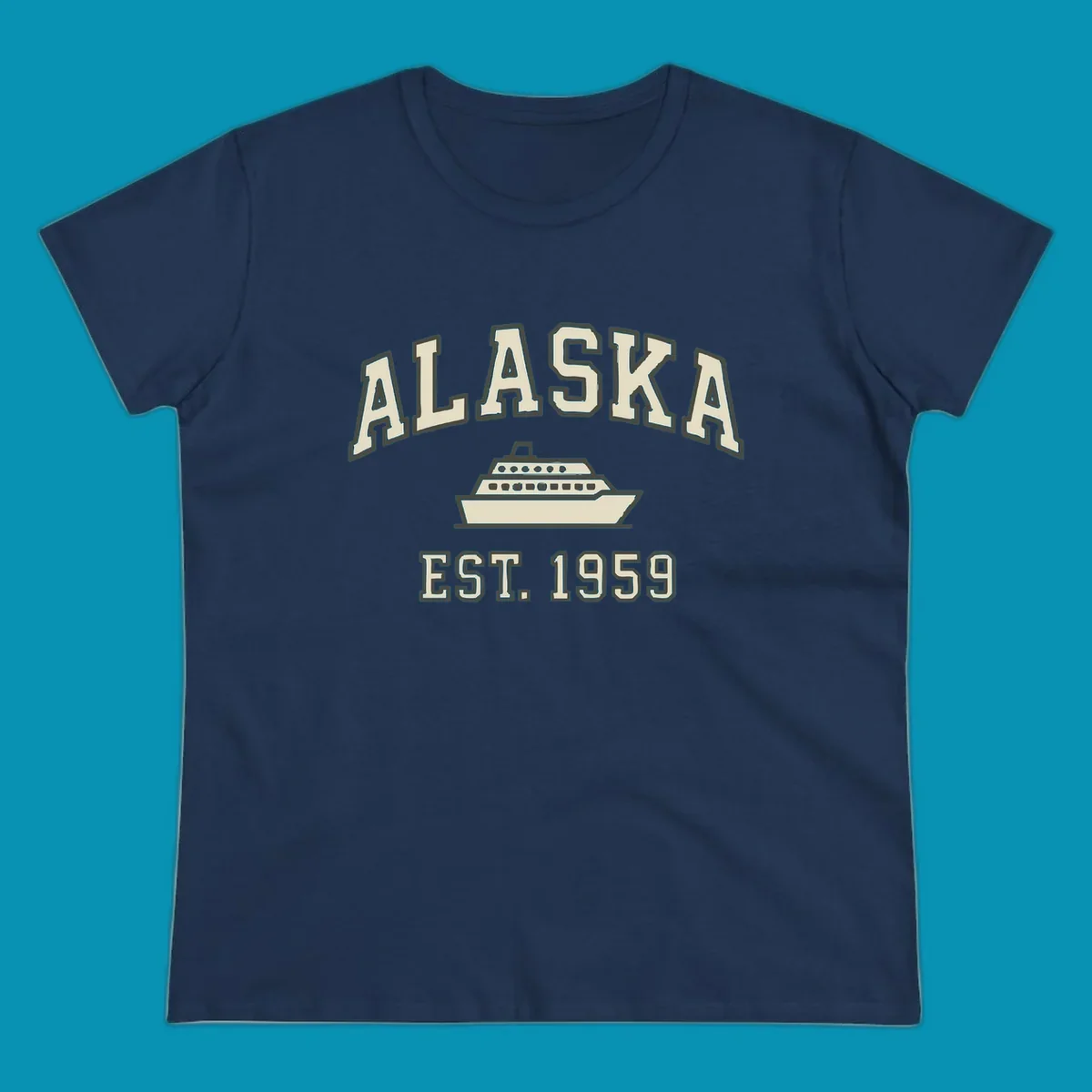 Vintage-style Alaska cruise design with established 1959 date and ship illustration in cream and charcoal