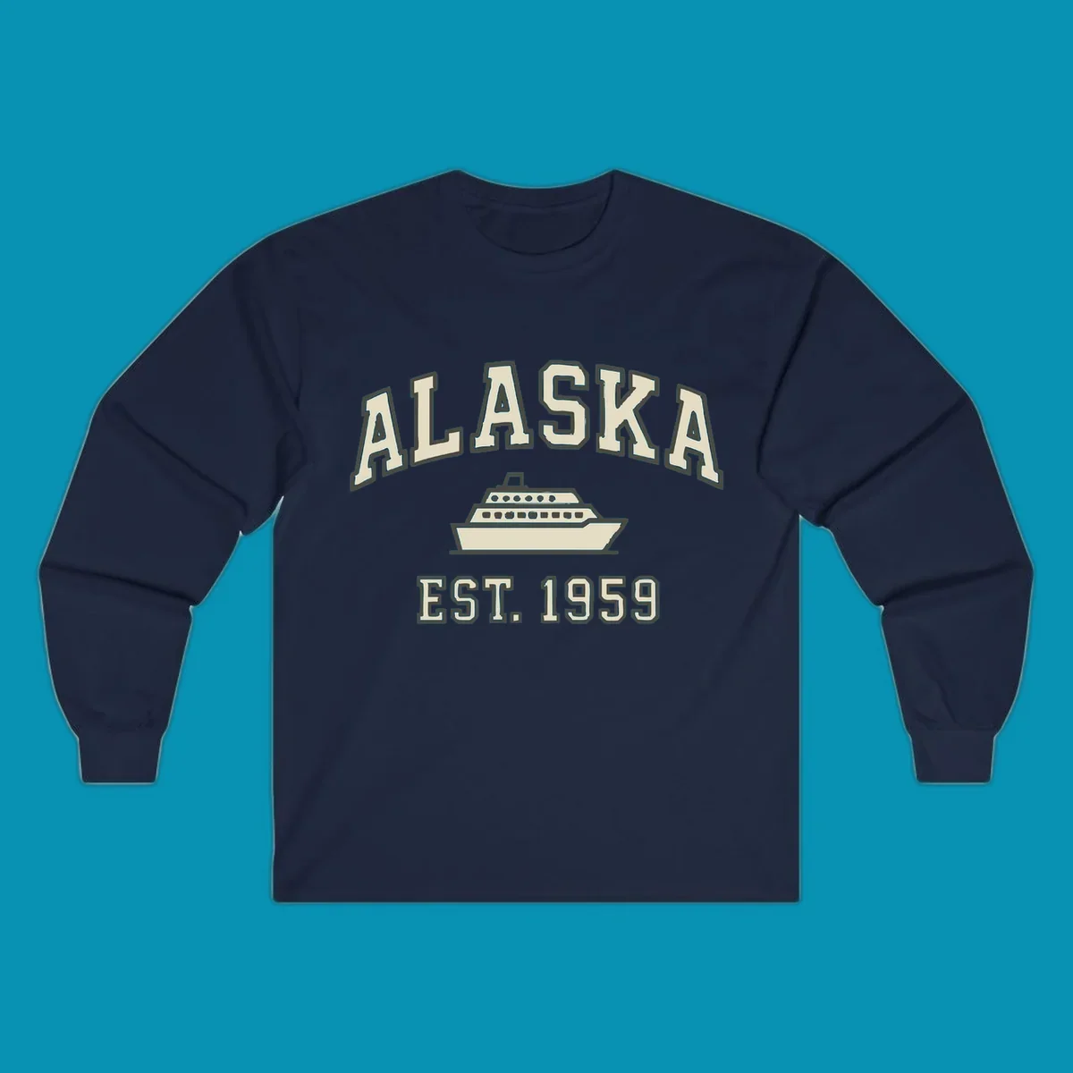 Vintage-style Alaska cruise design with established 1959 date and ship illustration in cream and charcoal