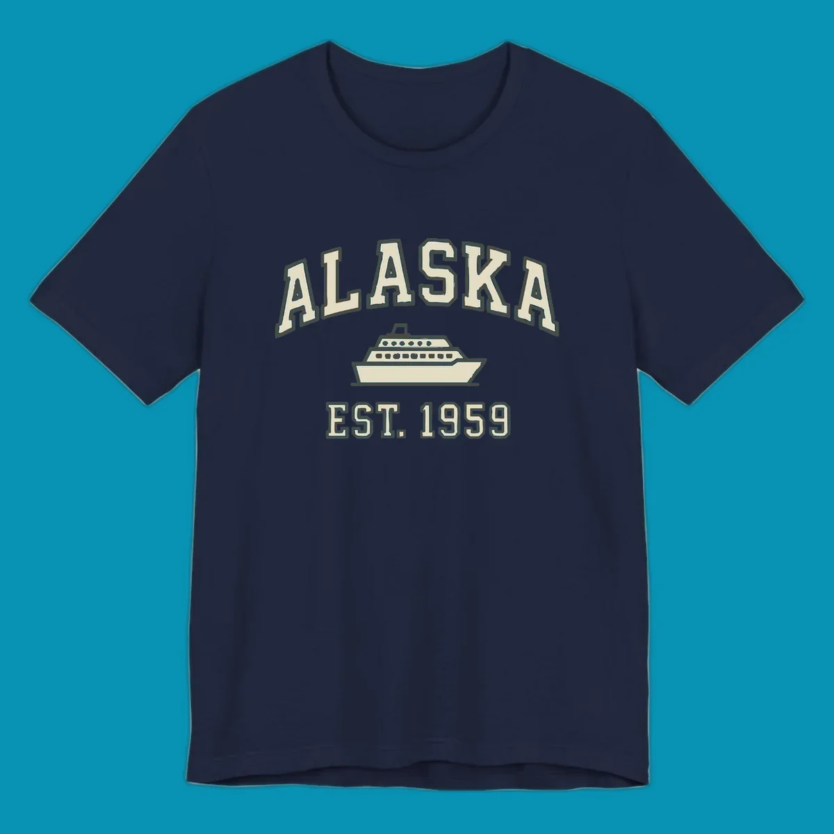 Vintage-style Alaska cruise design with established 1959 date and ship illustration in cream and charcoal