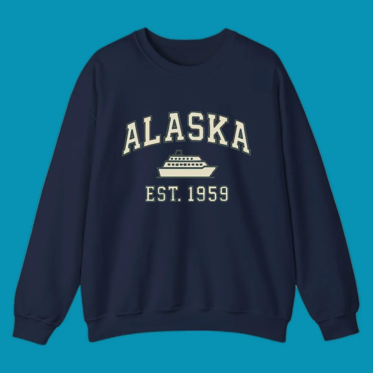 Vintage-style Alaska cruise design with established 1959 date and ship illustration in cream and charcoal
