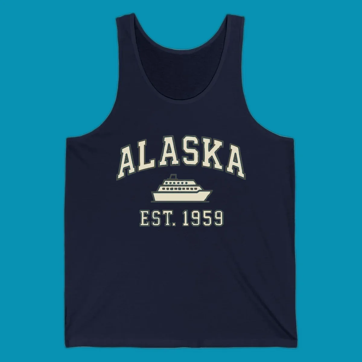 Vintage-style Alaska cruise design with established 1959 date and ship illustration in cream and charcoal