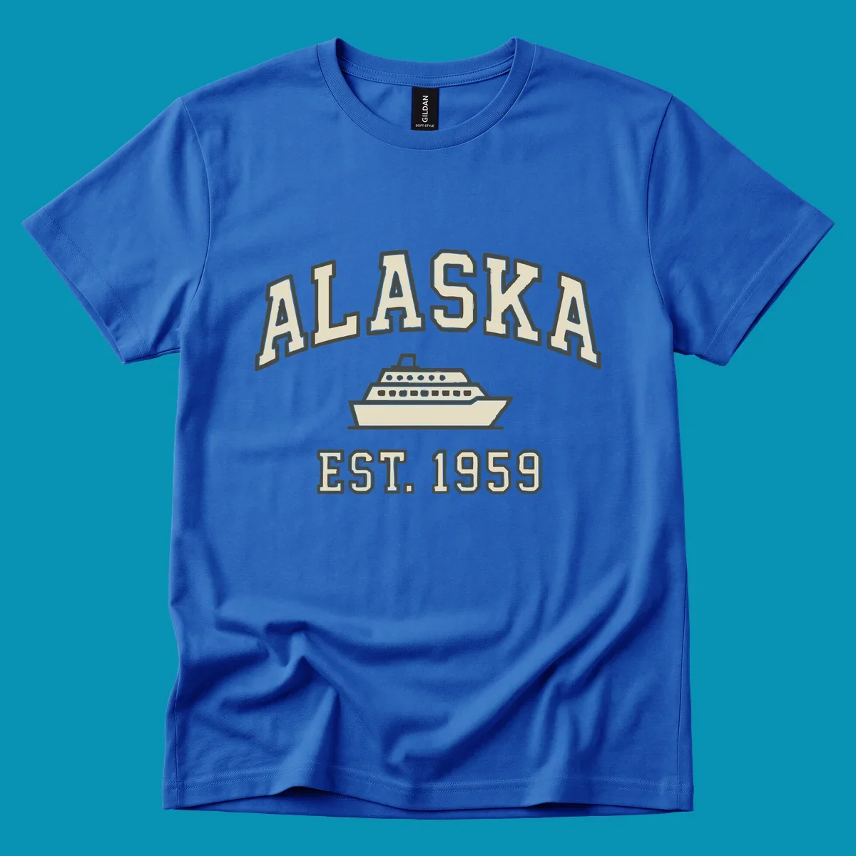 Vintage-style Alaska cruise design with established 1959 date and ship illustration in cream and charcoal