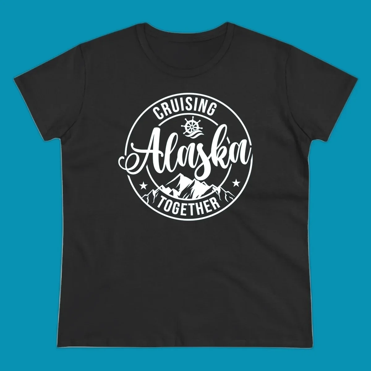 Circular badge with 'Cruising Ashore Together' text, ship wheel, and mountain design in white on gray background